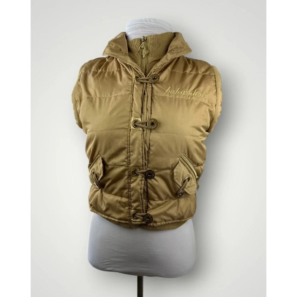 Vintage Y2K Baby Phat Feather Down Puffer Vest Gold Button Zip Womens Size Large - Picture 2 of 16